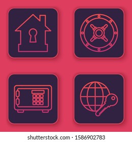 Set line House under protection , Safe , Safe  and Globe key . Blue square button. Vector