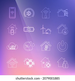 Set line House under protection, Power button, humidity, Smart home with wi-fi, Battery, remote control system, Mobile wireless and wind turbine icon. Vector
