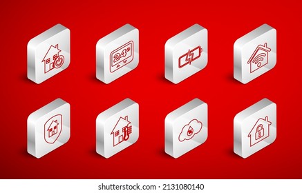 Set line House under protection, Thermostat, Battery, Smart home with wi-fi, Humidity, temperature and icon. Vector