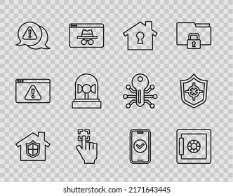 Setzen Sie das Line House unter Schutz, Safe, Fingerprint, Ausrufezeichen Dreieck, Flasher Sirene, Smartphone und Schild Symbol. Vektorgrafik