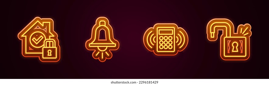Set line House under protection, Ringing alarm bell, Security keypad access panel and Open padlock. Glowing neon icon. Vector