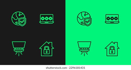 Set line House under protection, Fire sprinkler system, Shield with world globe and Laptop password icon. Vector