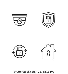 Set line House under protection, Lock, Security camera and Shield security with lock icon. Vector