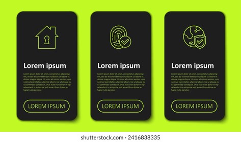 Setzen Sie das Line House unter Schutz, Fingerabdruck und Schild mit der Welt. Infografik-Vorlage für Unternehmen. Vektorgrafik