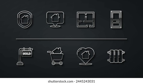 Set line House under protection, Hanging sign with Sold, Closed door, heart shape, Shopping cart house, Location, Heating radiator and plan icon. Vector