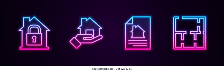 Set line House under protection, Realtor, contract and plan. Glowing neon icon. Vector