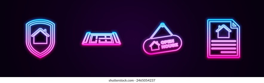 Setzen Sie Line House unter Schutz, Paket, Hängezeichen mit offenem Haus und Vertrag. Leuchtendes Neon-Symbol. Vektorgrafik