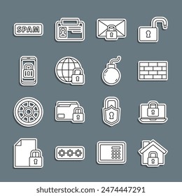 Line House unter Schutz stellen, Laptop und Schloss, Firewall, Sicherheitswand, Mail-Nachricht-Passwort, Globaler Lockdown, Mobil mit geschlossenem Vorhängeschloss, Spam und Bombe bereit explodieren Symbol. Vektorgrafik