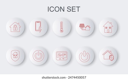 Setzen Sie Line House unter Schutz, Feuchtigkeit, Power Button, Mobile Ladebatterie und Thermostatsymbol. Vektorgrafik