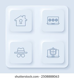 Set line House under protection, Laptop with password, Incognito mode and protected shield. White square button. Vector