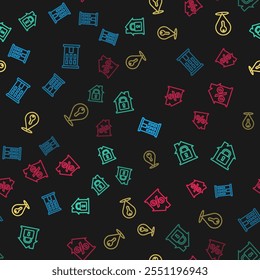 Set line House, under protection, Location key and with percant discount on seamless pattern. Vector