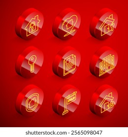 Set line House under protection, with heart shape, key, contract,  and Hanging sign Sold icon. Vector