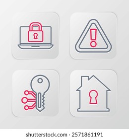 Set line House under protection, Cryptocurrency key, Exclamation mark in triangle and Laptop and lock icon. Vector