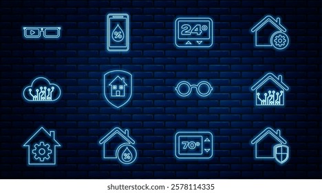 Set line House under protection, Smart home, Thermostat, Internet of things, glasses, Glasses and Humidity for smart icon. Vector