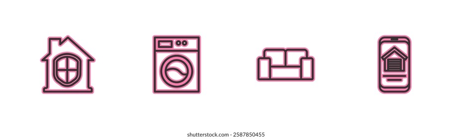 Set line House under protection, Sofa, Washer and Online real estate house icon. Vector