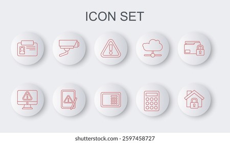 Set line House under protection, Monitor with exclamation mark, Exclamation in triangle, Password, Identification badge, Security camera, Tablet and Safe icon. Vector