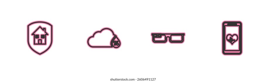 Set line House under protection, Smart glasses, Humidity and Mobile with heart rate icon. Vector