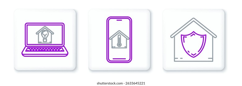 Definir linha Casa sob proteção, Laptop com casa inteligente e lâmpada e ícone de temperatura do telefone celular. Vetor