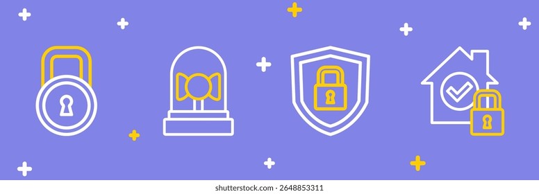 Set line House under protection, Shield security with lock, Ringing alarm bell and Lock icon. Vector