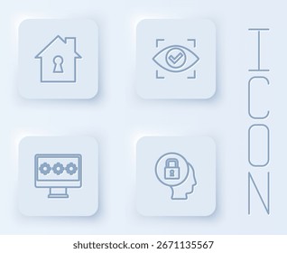 Set line House unter Schutz, Eye Scan, Monitor mit Passwort und Lock. Weißer quadratischer Knopf. Vektorgrafik