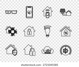 Casa bajo protección, termostato, sistema de control remoto inteligente para el hogar, gafas, Internet de las cosas e icono de humedad. Vector