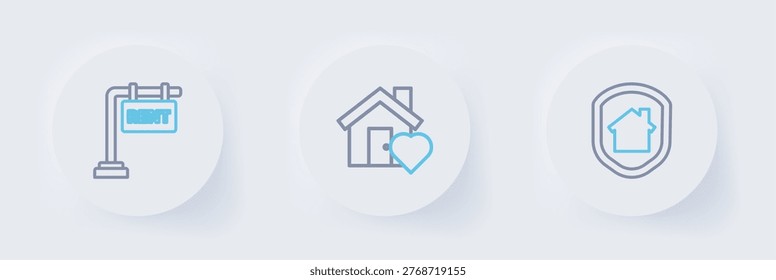 Set line House under protection, with heart shape and Hanging sign Rent icon. Vector