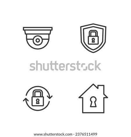 Set line House under protection, Lock, Security camera and Shield security with lock icon. Vector
