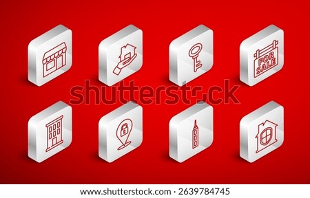 Set line House under protection, Realtor, key, Hanging sign with For Sale, Skyscraper, Market store, Location lock and  icon. Vector
