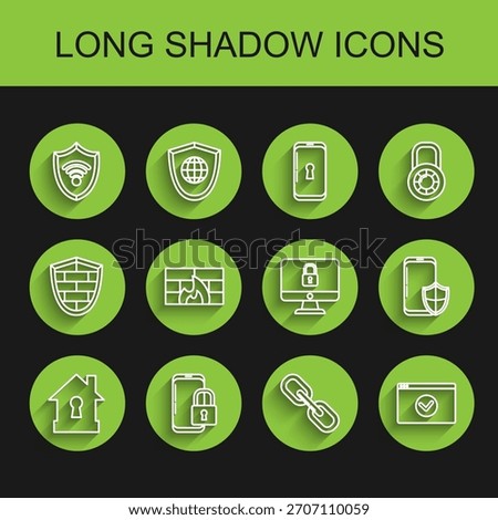 Set line House under protection, Shield WiFi wireless internet network, Chain link, Secure your site HTTPS, SSL, Firewall, security wall, shield and Lock computer monitor screen icon. Vector