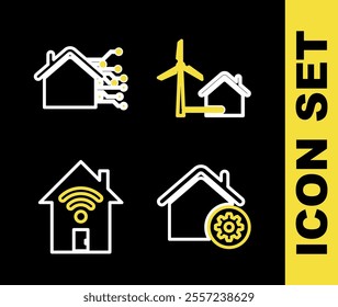 Set line House with wind turbine, Smart home settings, wi-fi and  icon. Vector