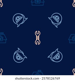 Set line House, Worker safety helmet and Wrench spanner on seamless pattern. Vector