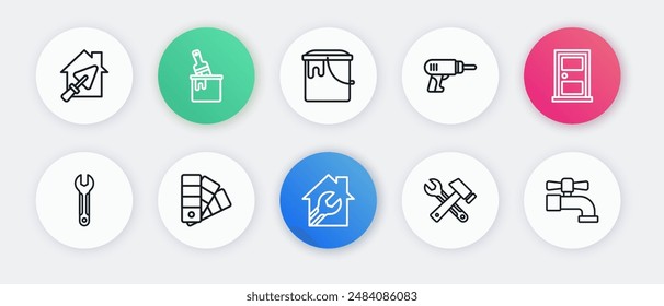 Set line House with wrench spanner, Closed door, Wrench, Hammer and, Electric drill machine, Paint bucket, Water tap and Color palette guide icon. Vector