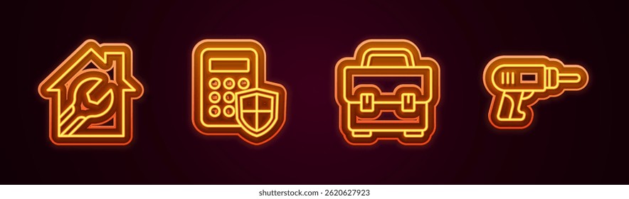 Set line House with wrench spanner, Security keypad access panel, Toolbox and Electric drill machine. Glowing neon icon. Vector