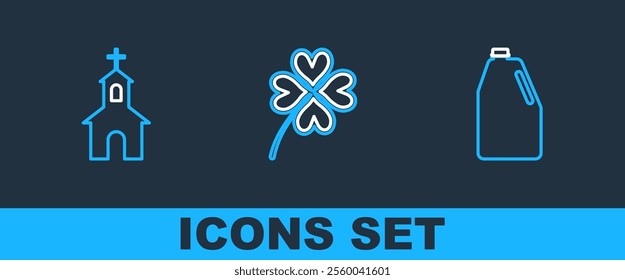 Set line Household chemicals bottle, Church building and Four leaf clover icon. Vector