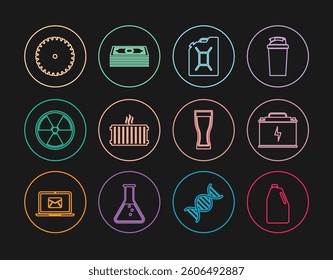 Set line Household chemicals bottle, Car battery, Canister for gasoline, Heating radiator, Radioactive, Circular saw blade, Glass of beer and Stacks paper money cash icon. Vector