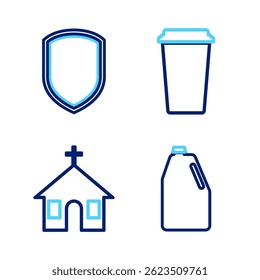 Set line Household chemicals bottle, Church building, Coffee cup and Shield icon. Vector