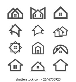 Set of line houses. Home symbol collection. Buildings group. Real estate pictograms. Property sign. Vector isolated on white.