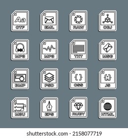 Set line HTML file document, JS, MSG, RAW, MP3, OTF and TXT icon. Vector