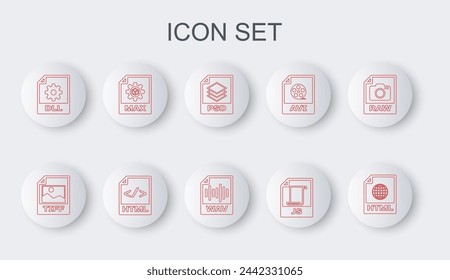 Set line HTML file document, TIFF, PSD, JS, DLL, MAX,  and WAV icon. Vector