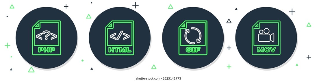 Set line HTML file document, GIF, PHP and MOV icon. Vector