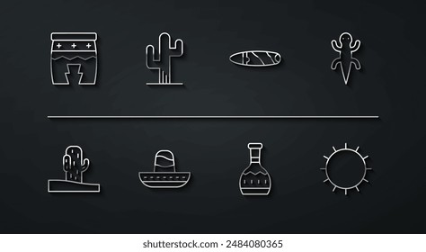 Set line Huehuetl, Cactus, Lizard, Tequila bottle, Mexican sombrero, Sun and Cigar icon. Vector