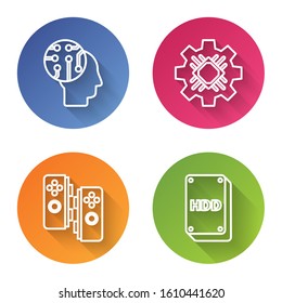 Set line Human brain as digital circuit board, Processor, Gamepad and Hard disk drive HDD. Color circle button. Vector