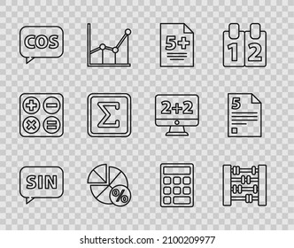 Set line Human brain, Graph, schedule, chart, diagram, Calculator, Equation solution, Tablet with calculator, Geometric figure Square, Triangle math and Infinity icon. Vector