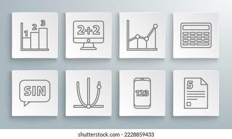 Set line Human brain, Graph, schedule, chart, diagram, Ringing bell, Book with word mathematics, Infinity, Sigma symbol, Chalkboard and  icon. Vector