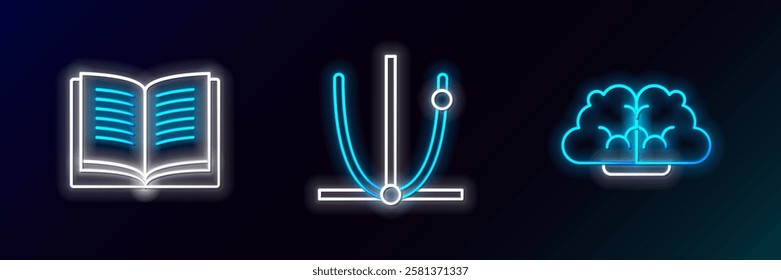 Set line Human brain, Open book and Graph, schedule, chart, diagram icon. Glowing neon. Vector
