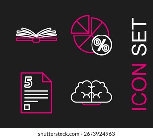 Establecer línea Cerebro humano, hoja de prueba o examen, gráfico, horario, gráfico, diagrama e icono de libro abierto. Vector