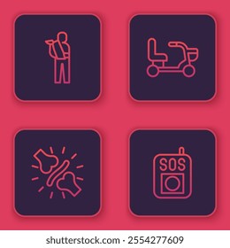 Set line Human broken arm, Joint pain, knee pain, Electric wheelchair and Press the SOS button. Blue square button. Vector