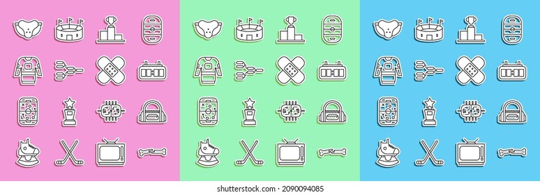 Set line Human broken bone, Sport bag, Hockey mechanical scoreboard, over sports winner podium, Championship tournament bracket, jersey, Protective jockstrap and Crossed bandage plaster icon. Vector