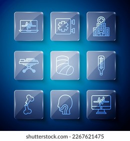 Set line Human broken bone, Sore throat, Monitor with cardiogram, Medical hospital building, Gypsum, Stretcher, Laptop and thermometer icon. Vector