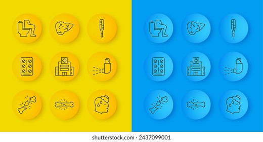 Hueso roto humano, píldoras en paquete de ampollas, edificio del hospital médico, alta temperatura corporal humana, inhalador, estreñimiento, termómetro e icono del virus de la hepatitis. Vector